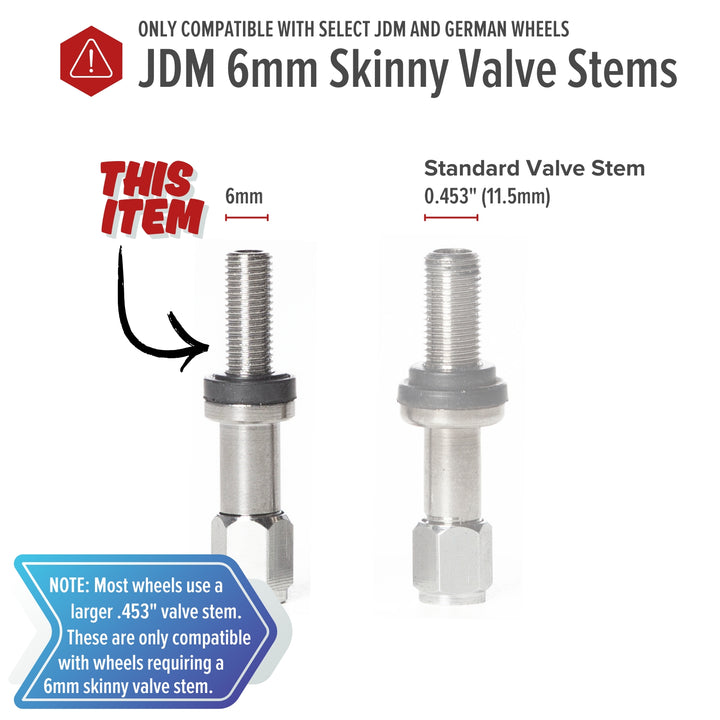 Skinny 6mm VS6MM Bolt-In Valve Stems for select JDM and German Wheels (Set of 4)