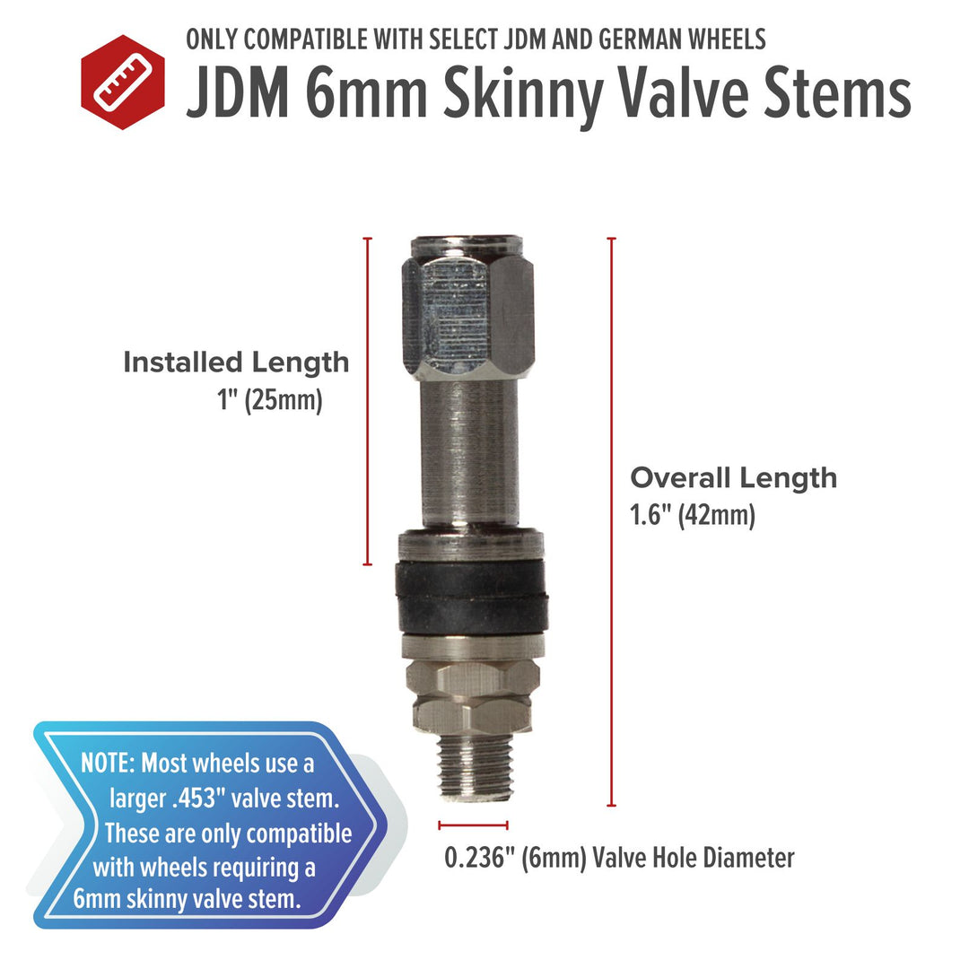Skinny 6mm VS6MM Bolt-In Valve Stems for select JDM and German Wheels (Set of 4)