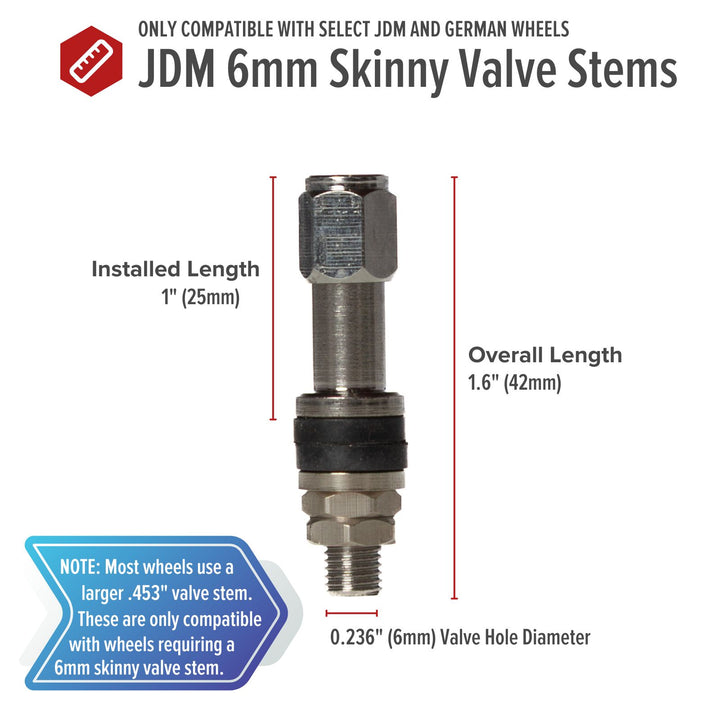 Skinny 6mm VS6MM Bolt-In Valve Stems for select JDM and German Wheels (Set of 4)